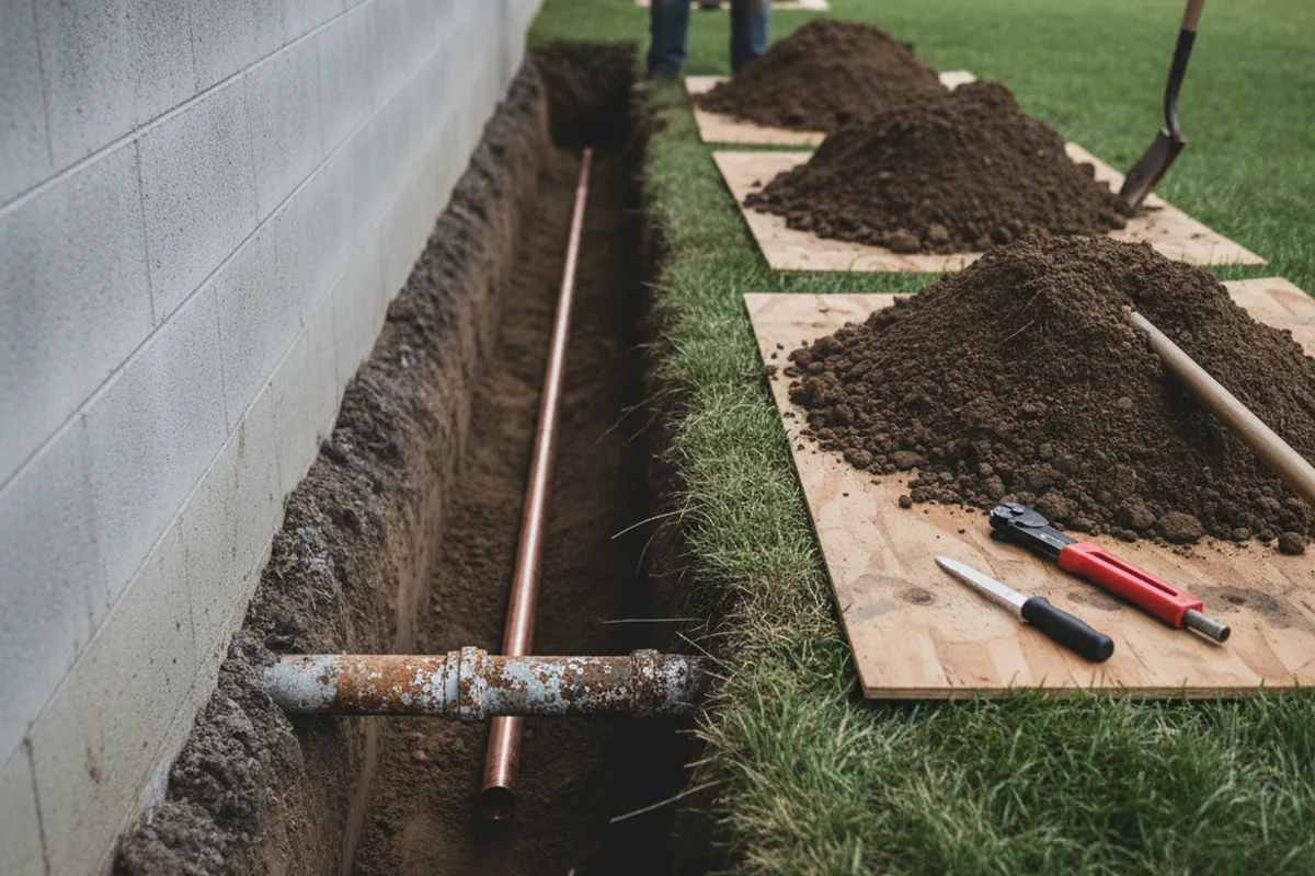 Excavated water line trench during Sewer Line Repair in Flushing